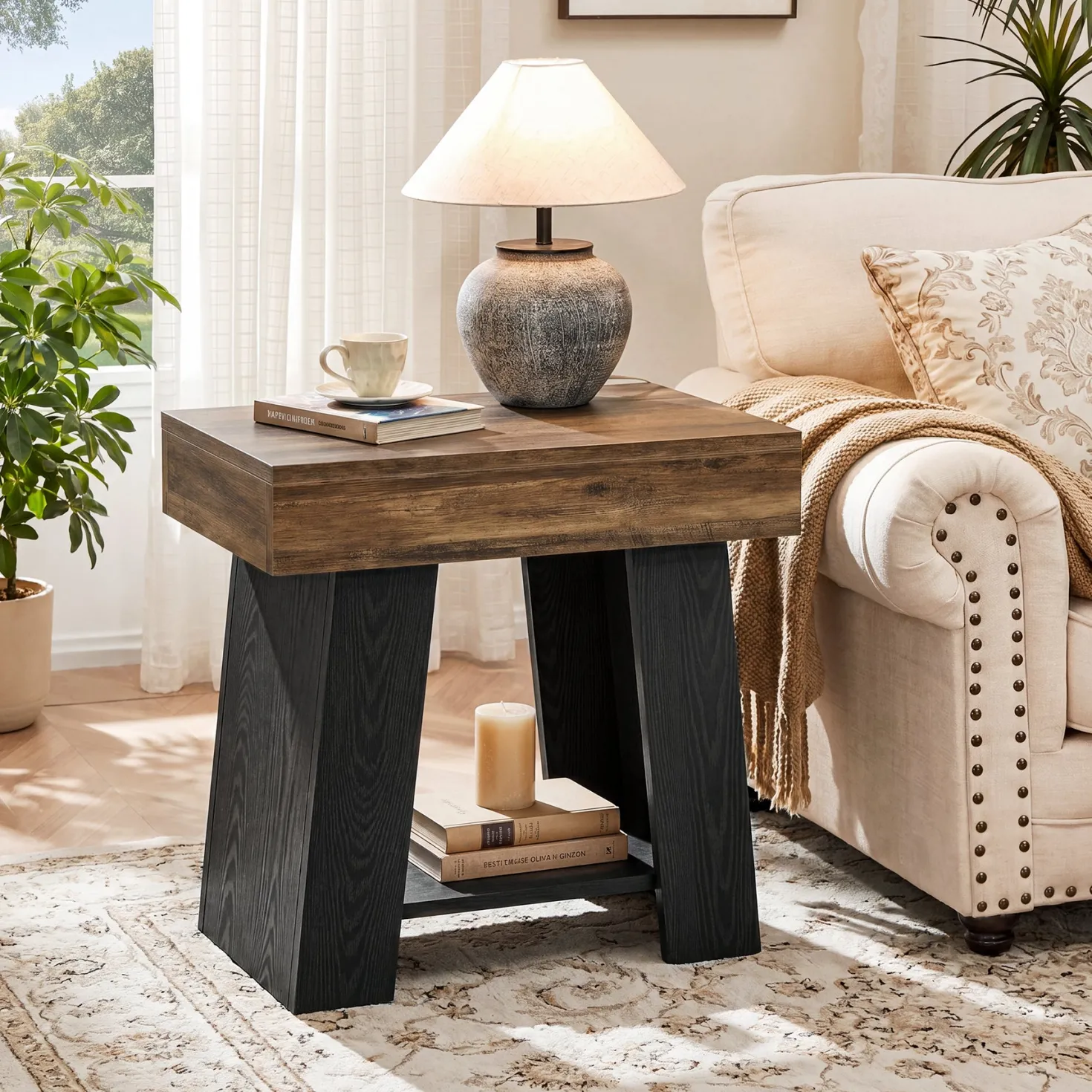 Tribesigns 23.62” Small 2-Tier End Table with Storage Shelf, Two-Tone Farmhouse Side Table