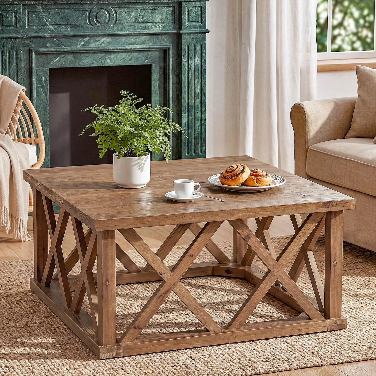 Tribesigns 39.37" Solid Wood Coffee Table, Square Farmhouse Table for Living Room