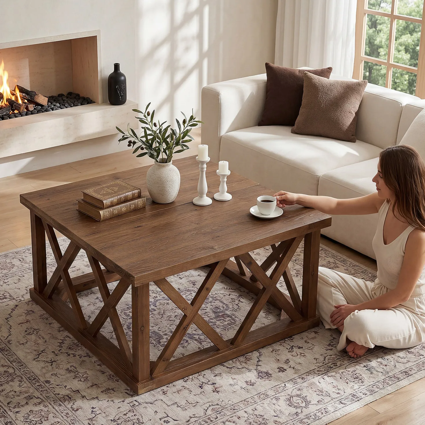 Tribesigns 39.37" Solid Wood Coffee Table, Square Farmhouse Table for Living Room