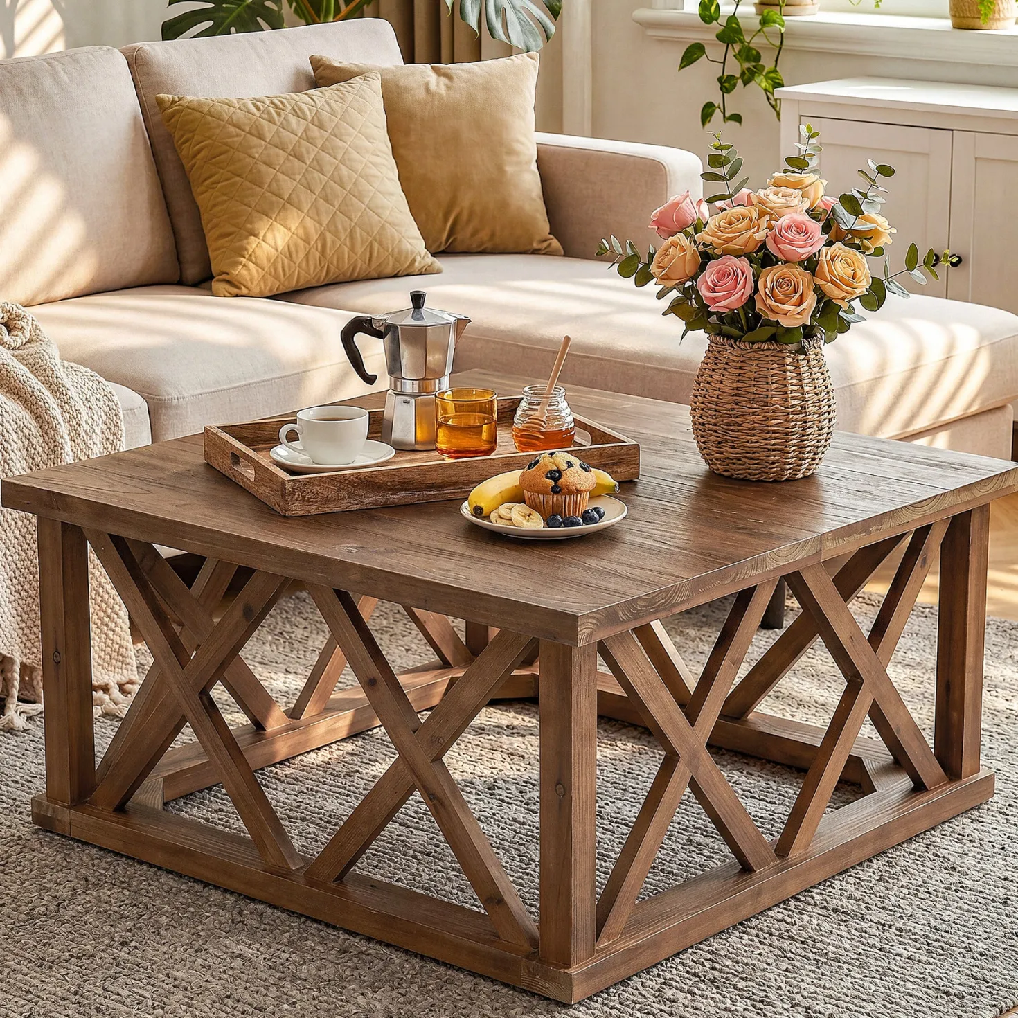 Tribesigns 39.37" Solid Wood Coffee Table, Square Farmhouse Table for Living Room