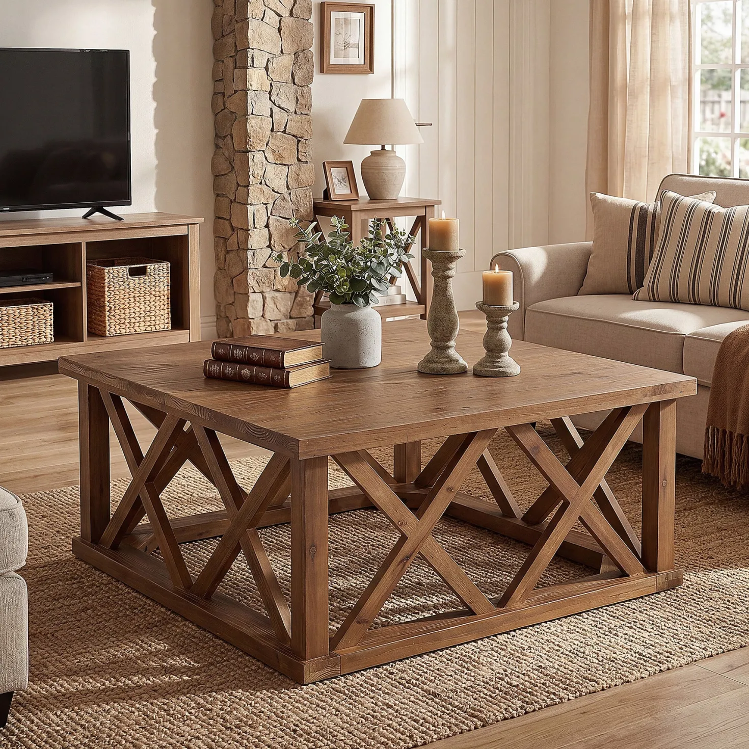 Tribesigns 39.37" Solid Wood Coffee Table, Square Farmhouse Table for Living Room