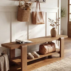 Tribesigns 63" Solid Wood Entryway Bench, Farmhouse Shoe Storage Bench for Hallway