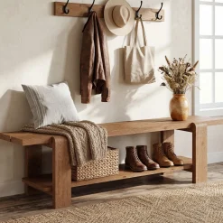 Tribesigns 63" Solid Wood Entryway Bench, Farmhouse Shoe Storage Bench for Hallway