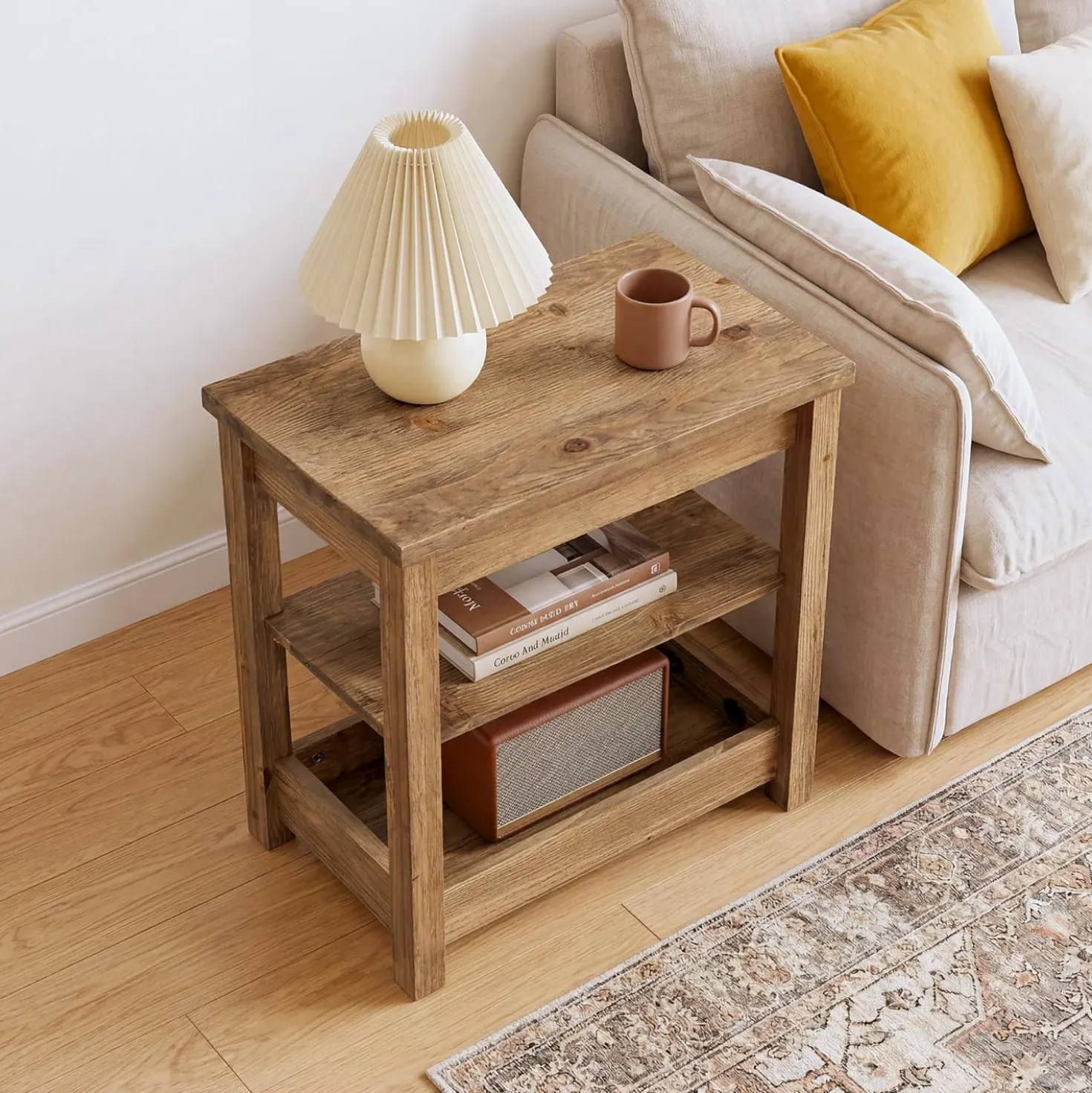 Tribesigns 23.62" Solid Wood End Table, 3-Tier Narrow Side Table for Living Room and Bedroom