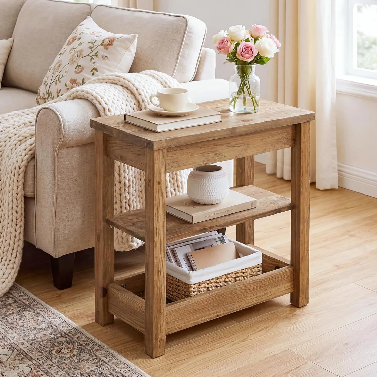 Tribesigns 23.62" Solid Wood End Table, 3-Tier Narrow Side Table for Living Room and Bedroom