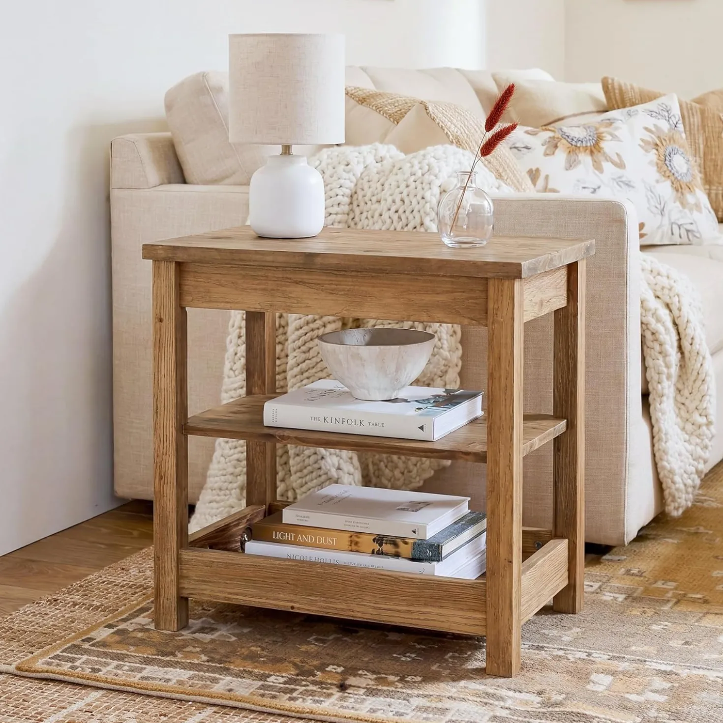 Tribesigns 23.62" Solid Wood End Table, 3-Tier Narrow Side Table for Living Room and Bedroom