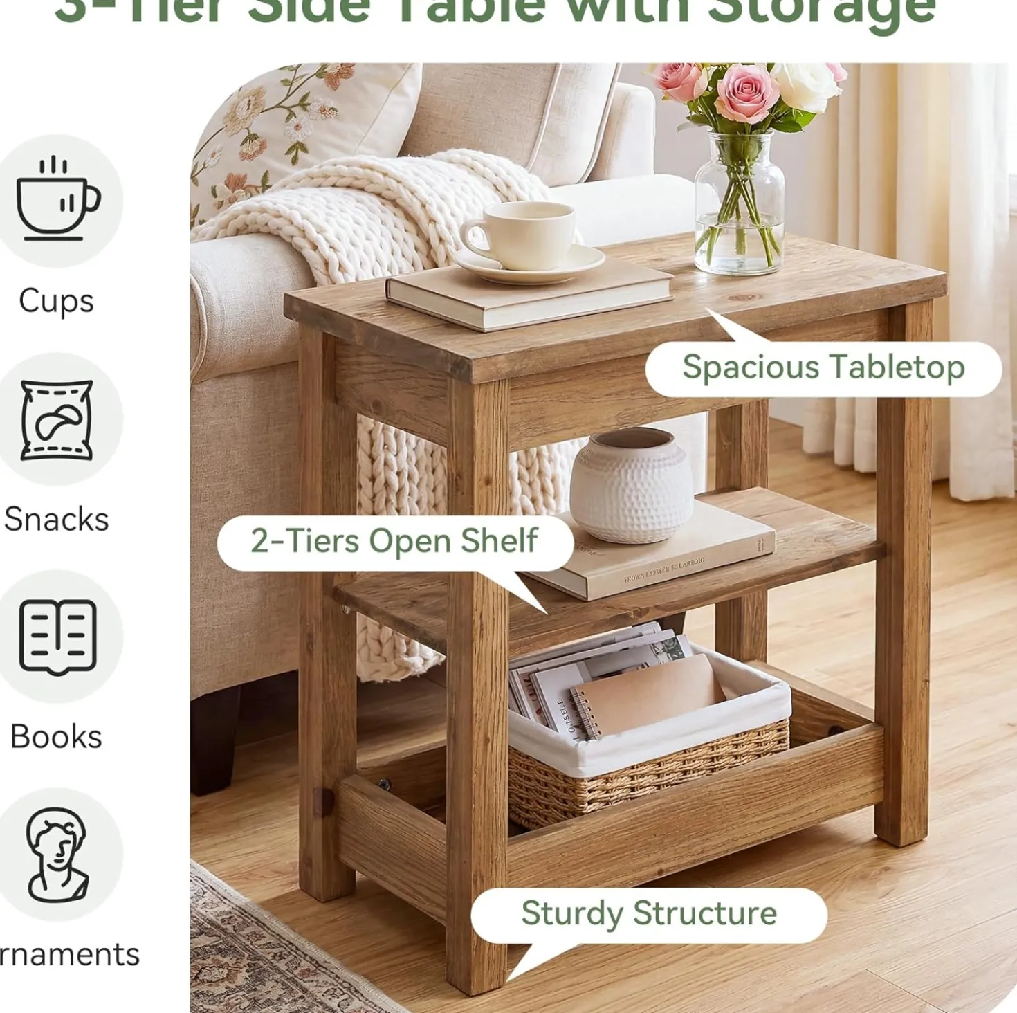 Tribesigns 23.62" Solid Wood End Table, 3-Tier Narrow Side Table for Living Room and Bedroom