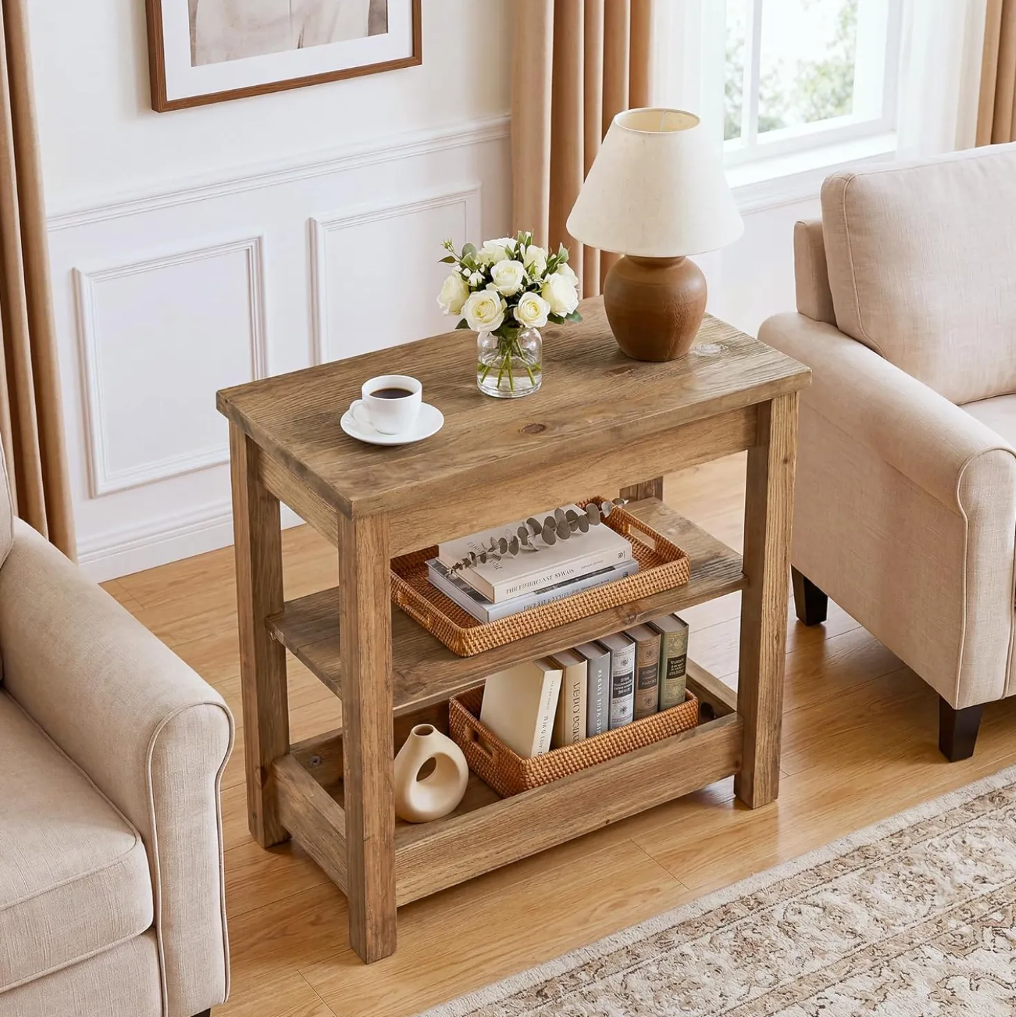 Tribesigns 23.62" Solid Wood End Table, 3-Tier Narrow Side Table for Living Room and Bedroom