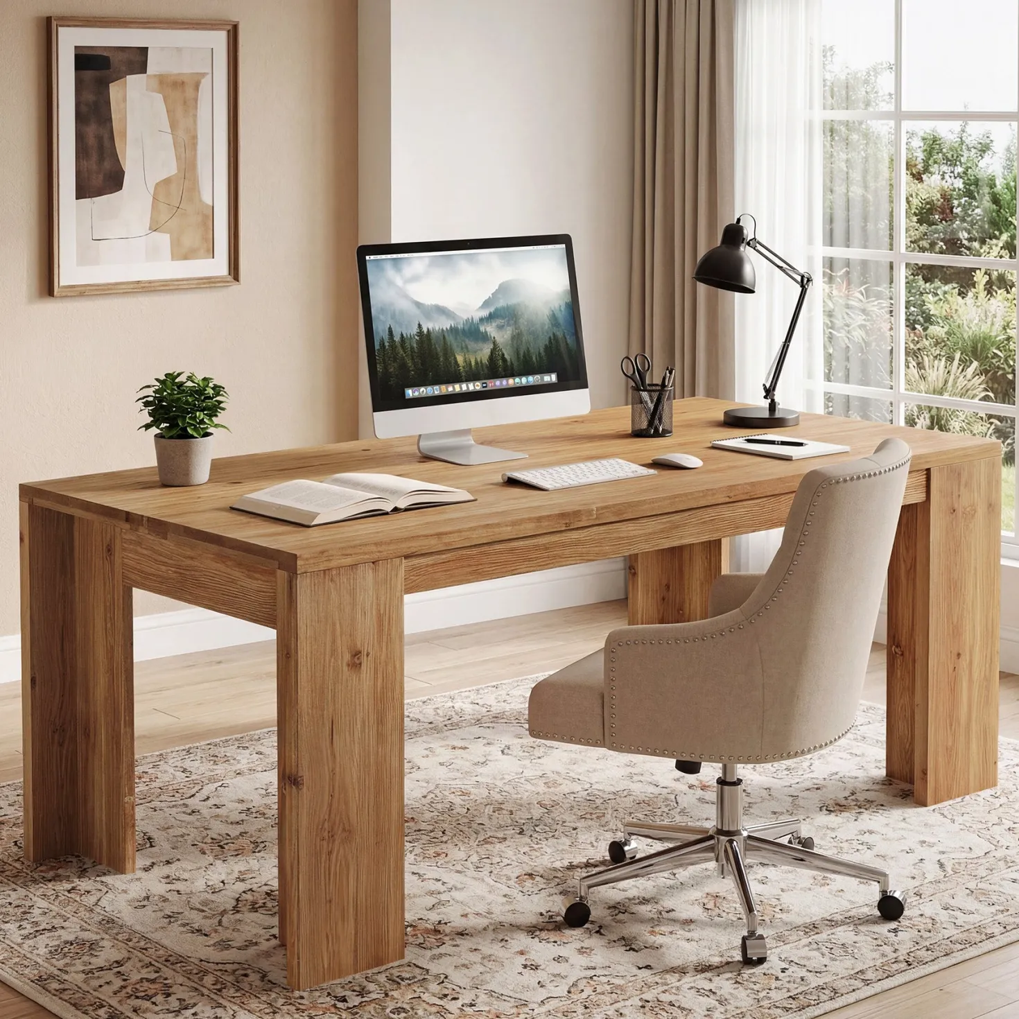 Tribesigns 63" Solid Wood Executive Desk, Farmhouse Office Desk for Home
