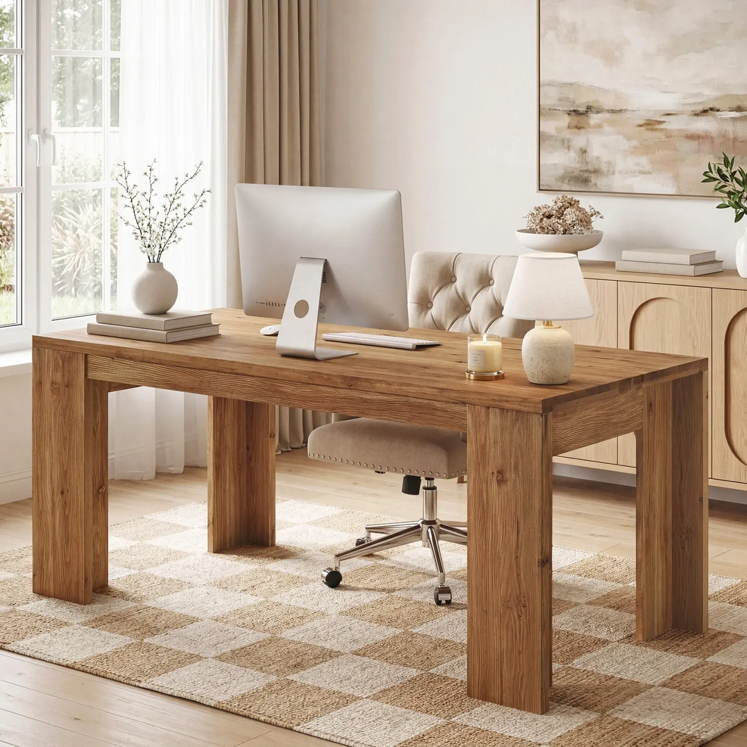 Tribesigns 63" Solid Wood Executive Desk, Farmhouse Office Desk for Home