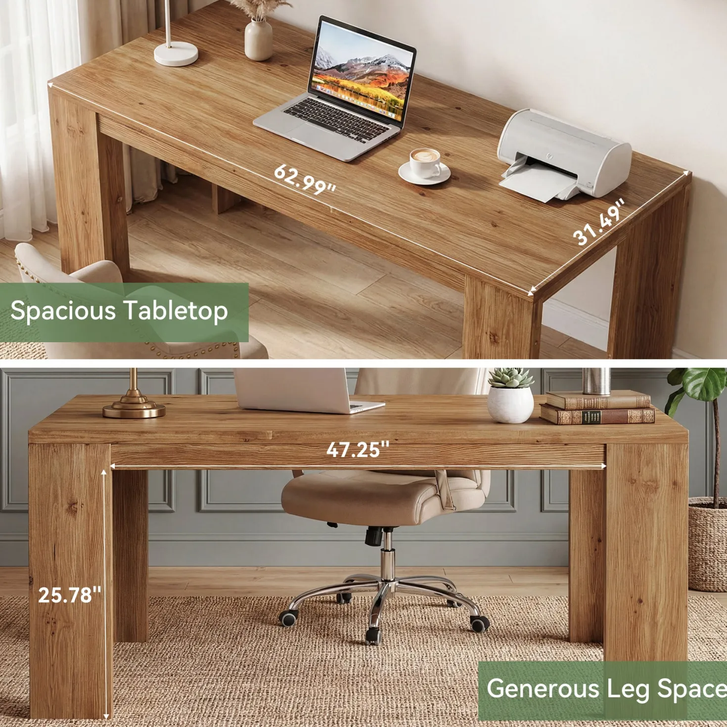 Tribesigns 63" Solid Wood Executive Desk, Farmhouse Office Desk for Home