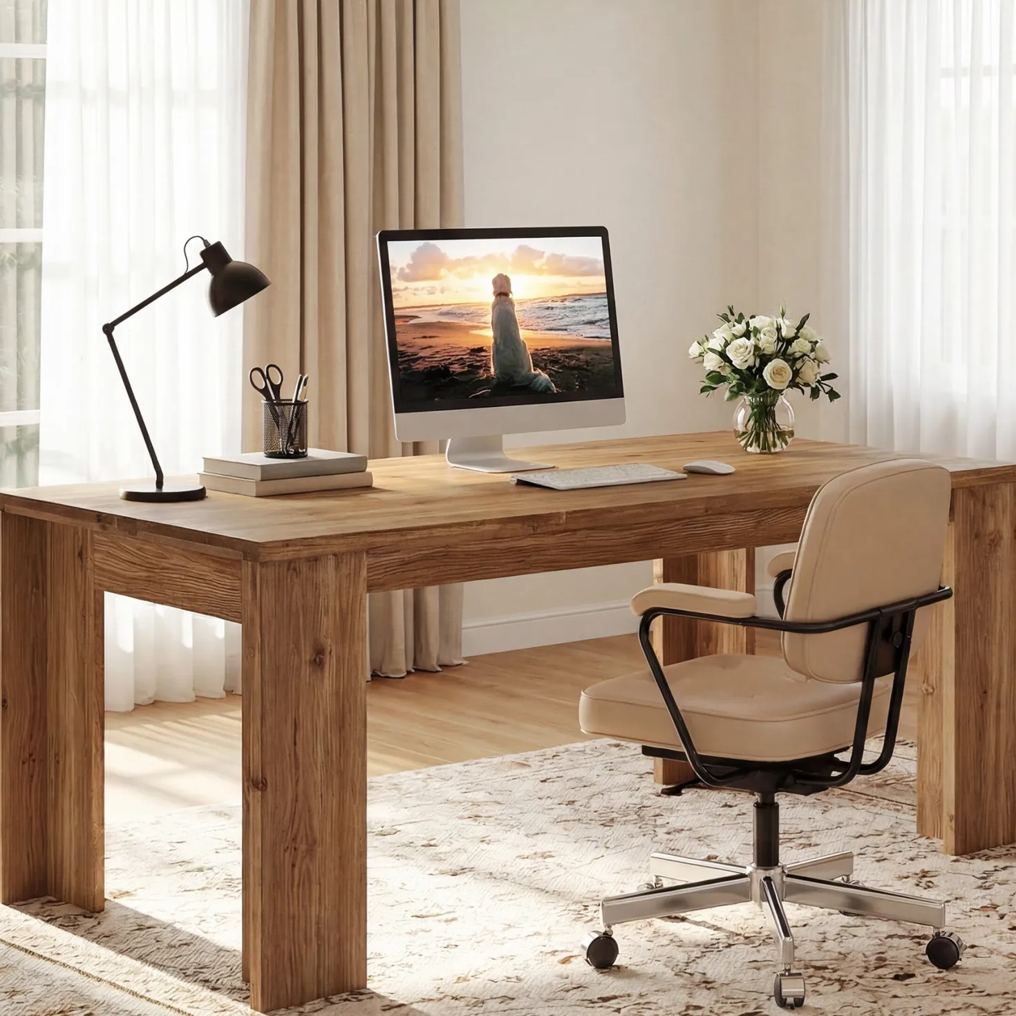 Tribesigns 63" Solid Wood Executive Desk, Farmhouse Office Desk for Home
