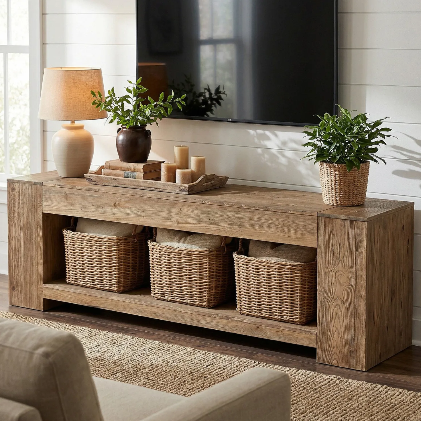 Tribesigns 63" Solid Wood TV Stand, Farmhouse Console for Living Room