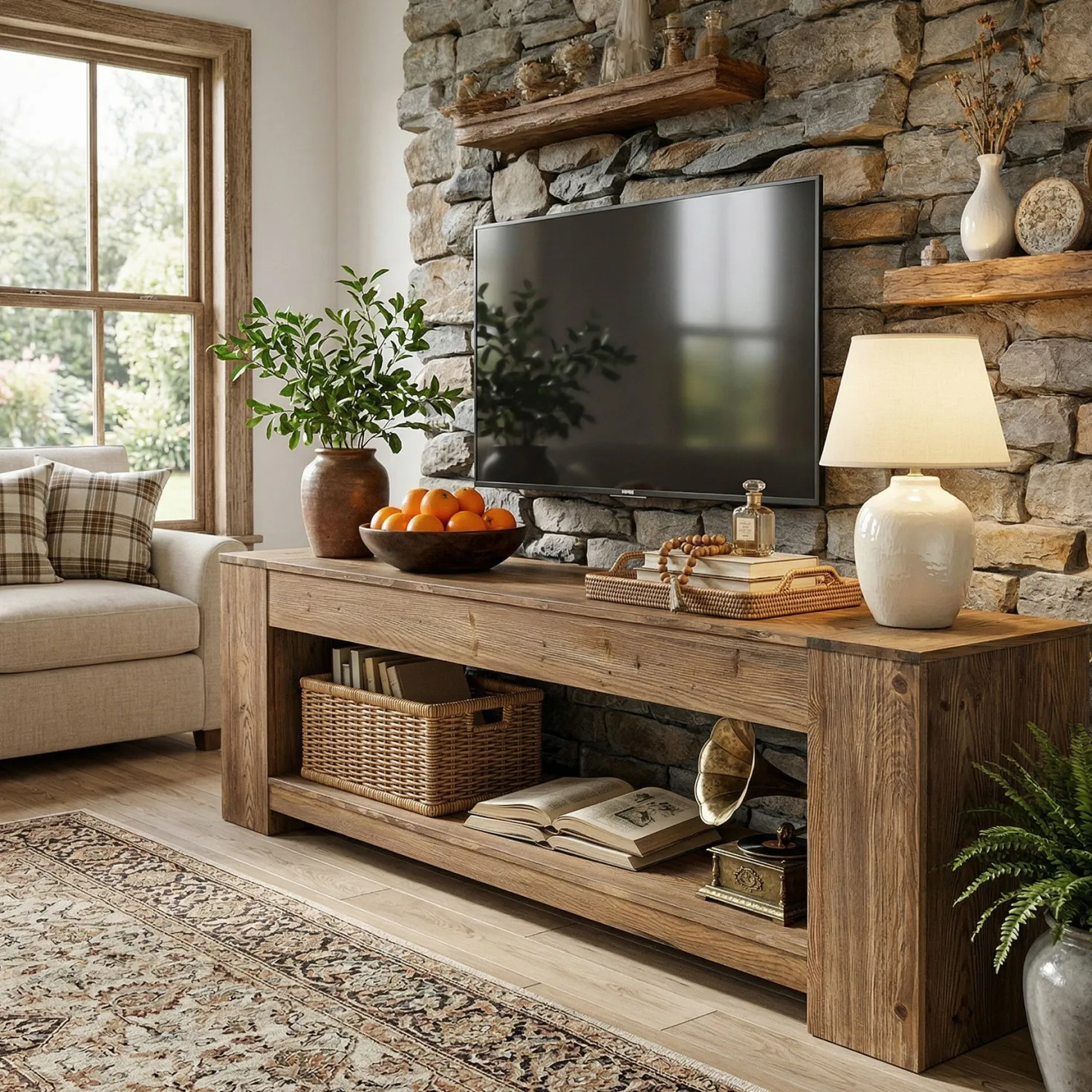 Tribesigns 63" Solid Wood TV Stand, Farmhouse Console for Living Room