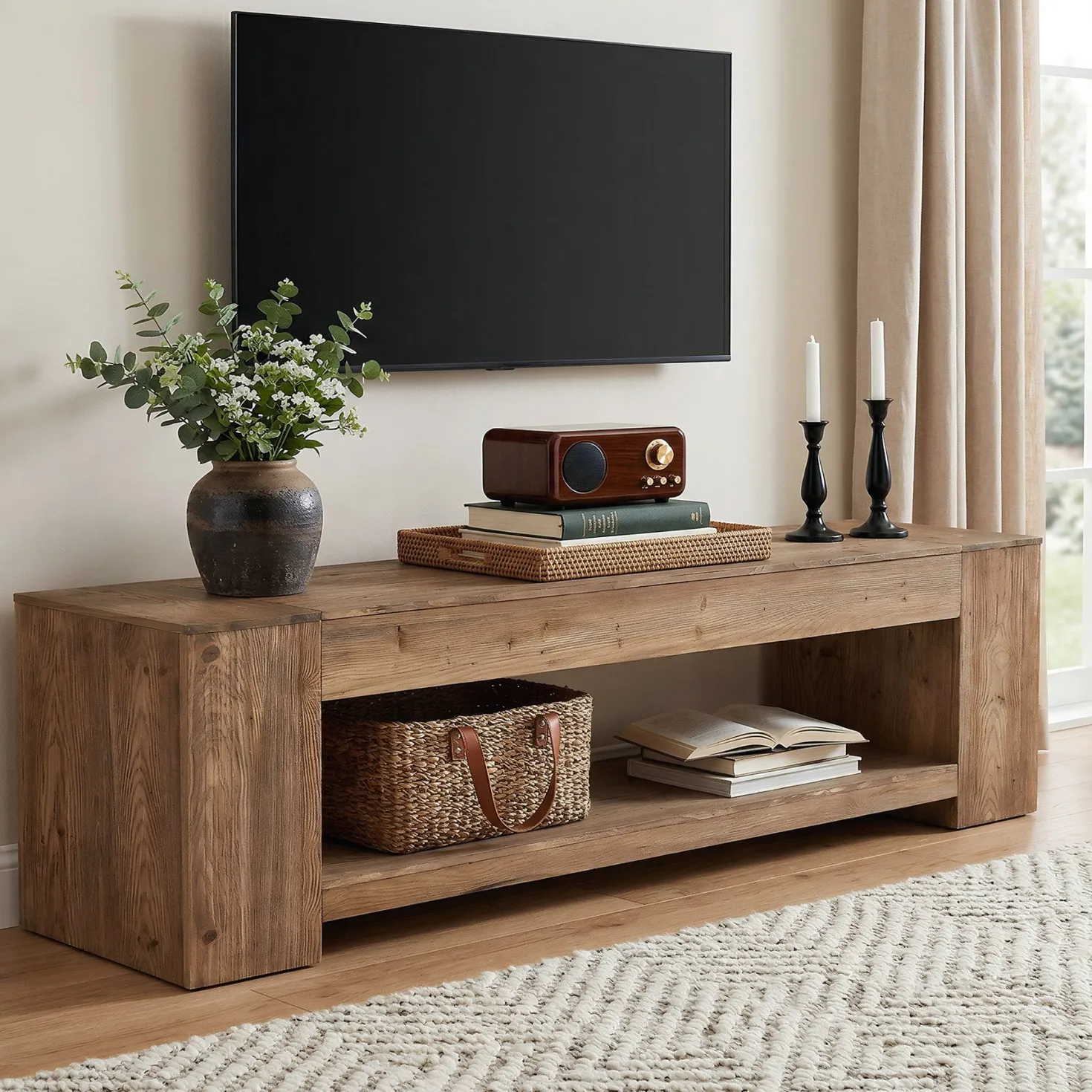 Tribesigns 63" Solid Wood TV Stand, Farmhouse Console for Living Room