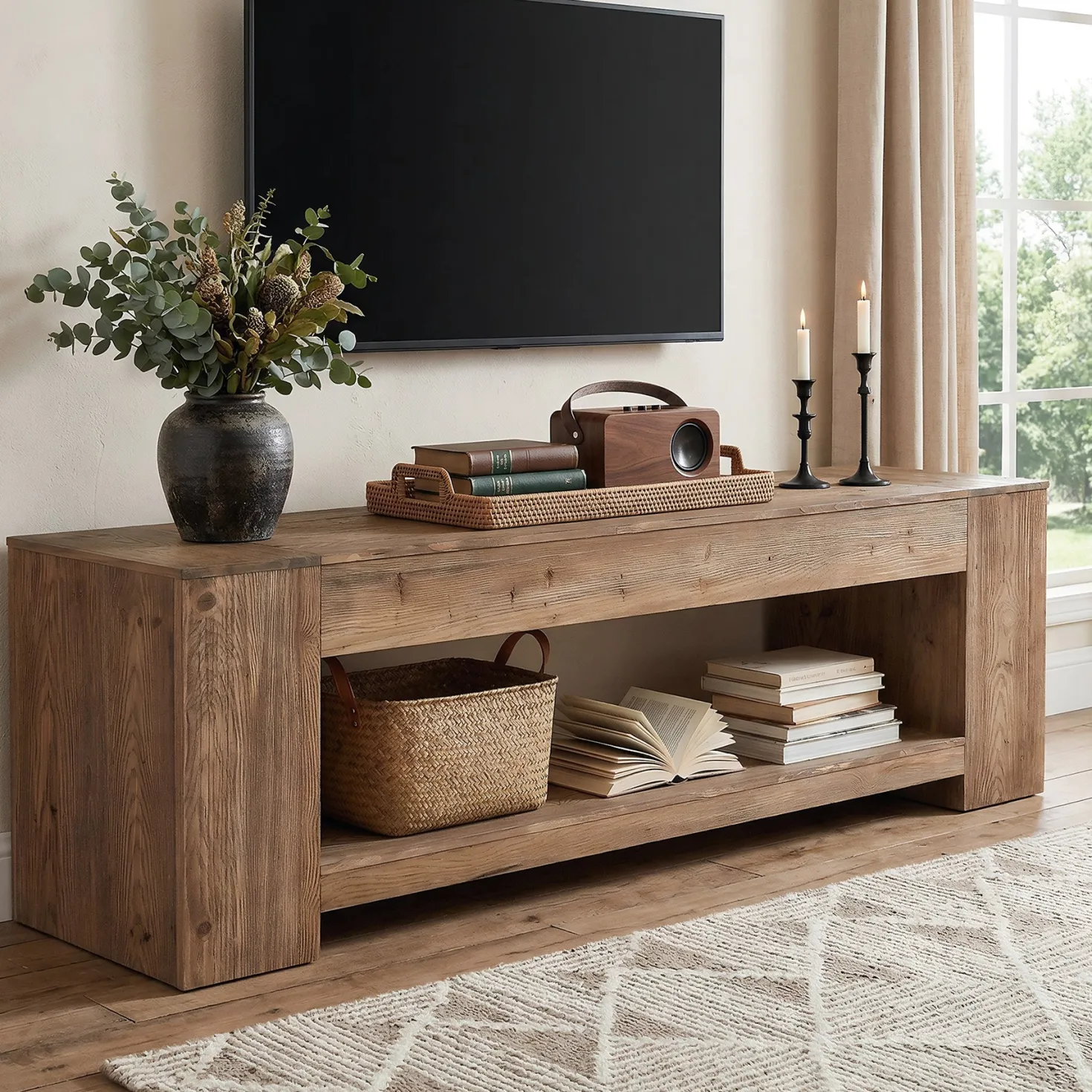 Tribesigns 63" Solid Wood TV Stand, Farmhouse Console for Living Room