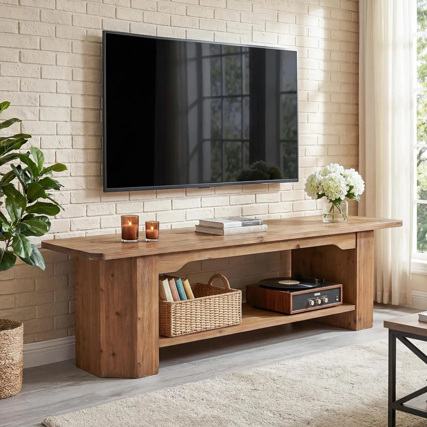 Tribesigns 63" Solid Wood TV Stand, Farmhouse Console for Living Room