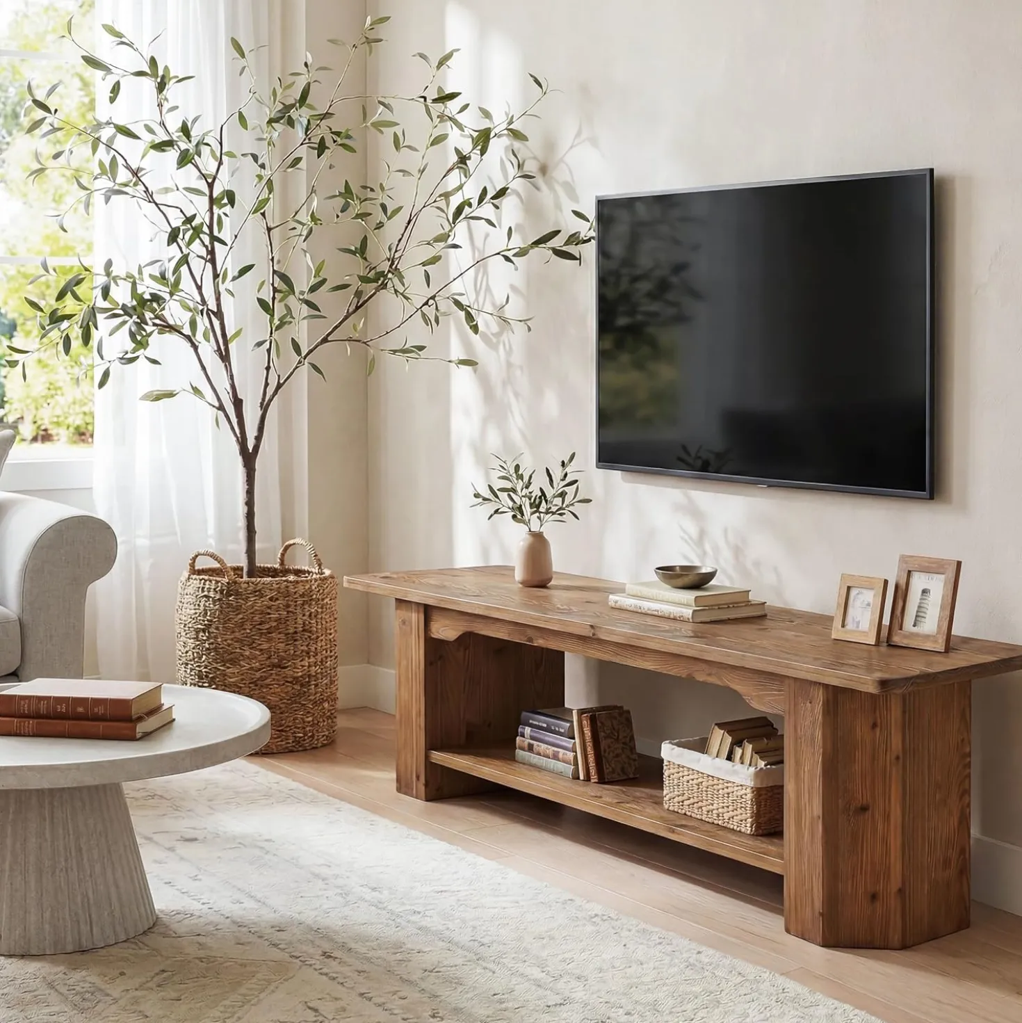 Tribesigns 63" Solid Wood TV Stand, Farmhouse Console for Living Room