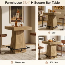 Tribesigns 37.4" Square Bar Table, Pub Table with Footrest for Dining Room