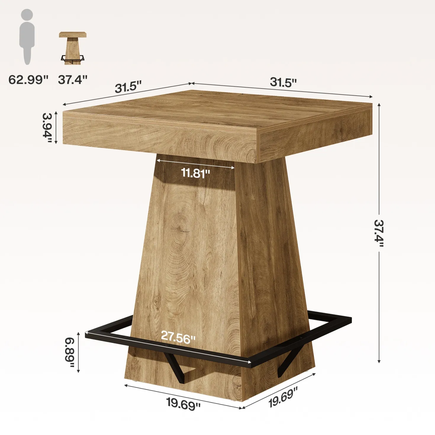 Tribesigns 37.4" Square Bar Table, Pub Table with Footrest for Dining Room