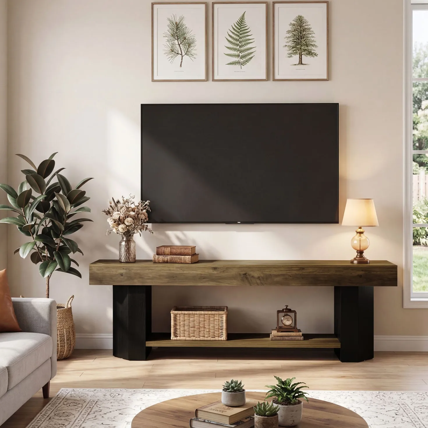 Tribesigns 63" TV Stand, Farmhouse TV Console with Shelf for Living Room