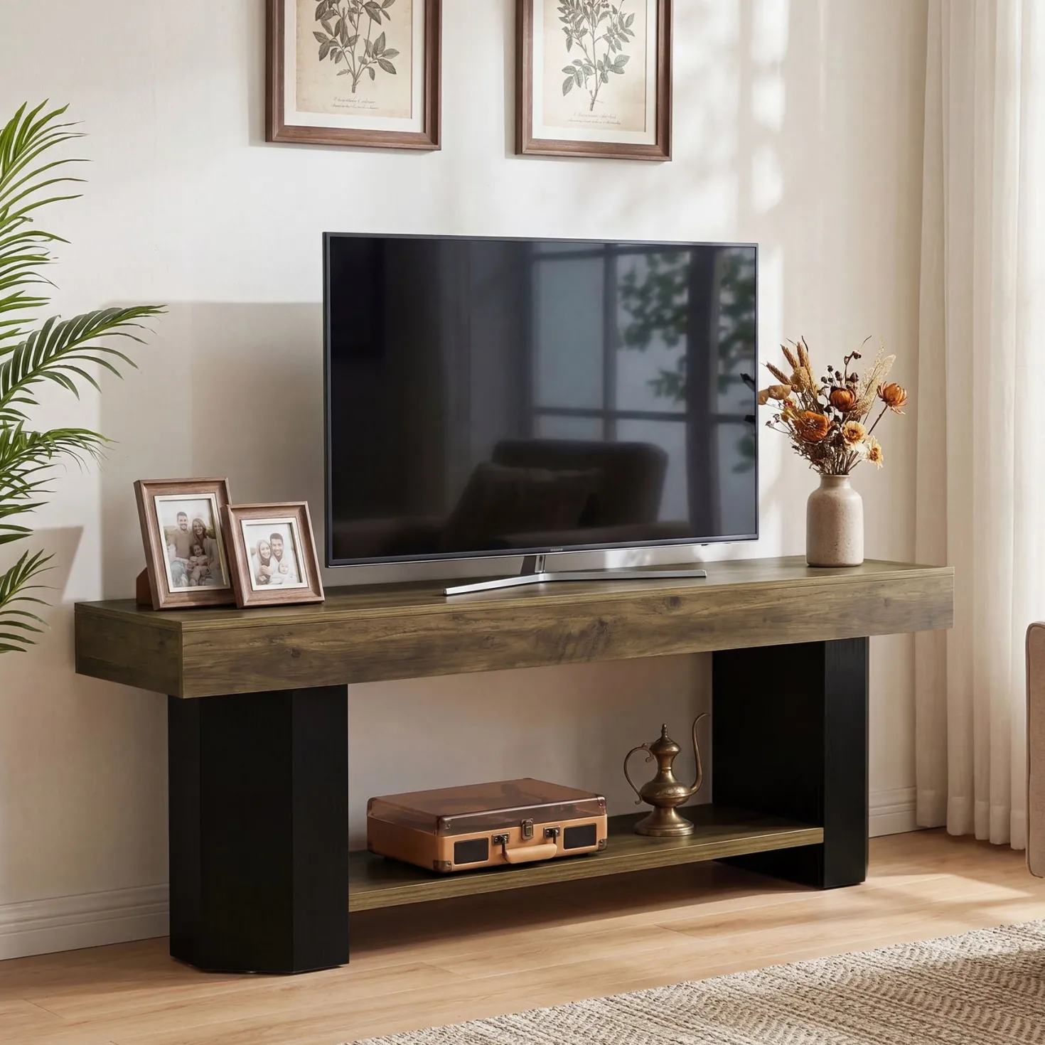 Tribesigns 63" TV Stand, Farmhouse TV Console with Shelf for Living Room
