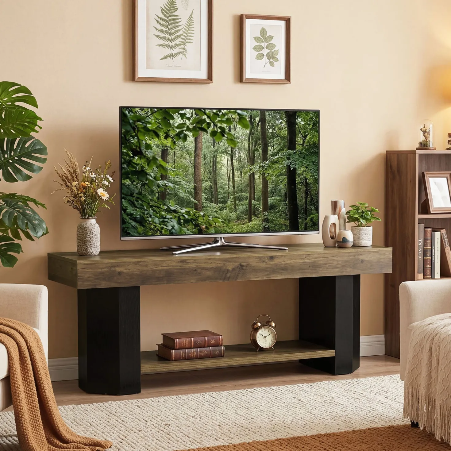 Tribesigns 63" TV Stand, Farmhouse TV Console with Shelf for Living Room