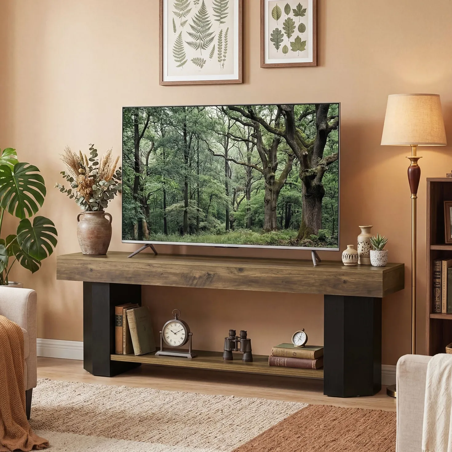 Tribesigns 63" TV Stand, Farmhouse TV Console with Shelf for Living Room