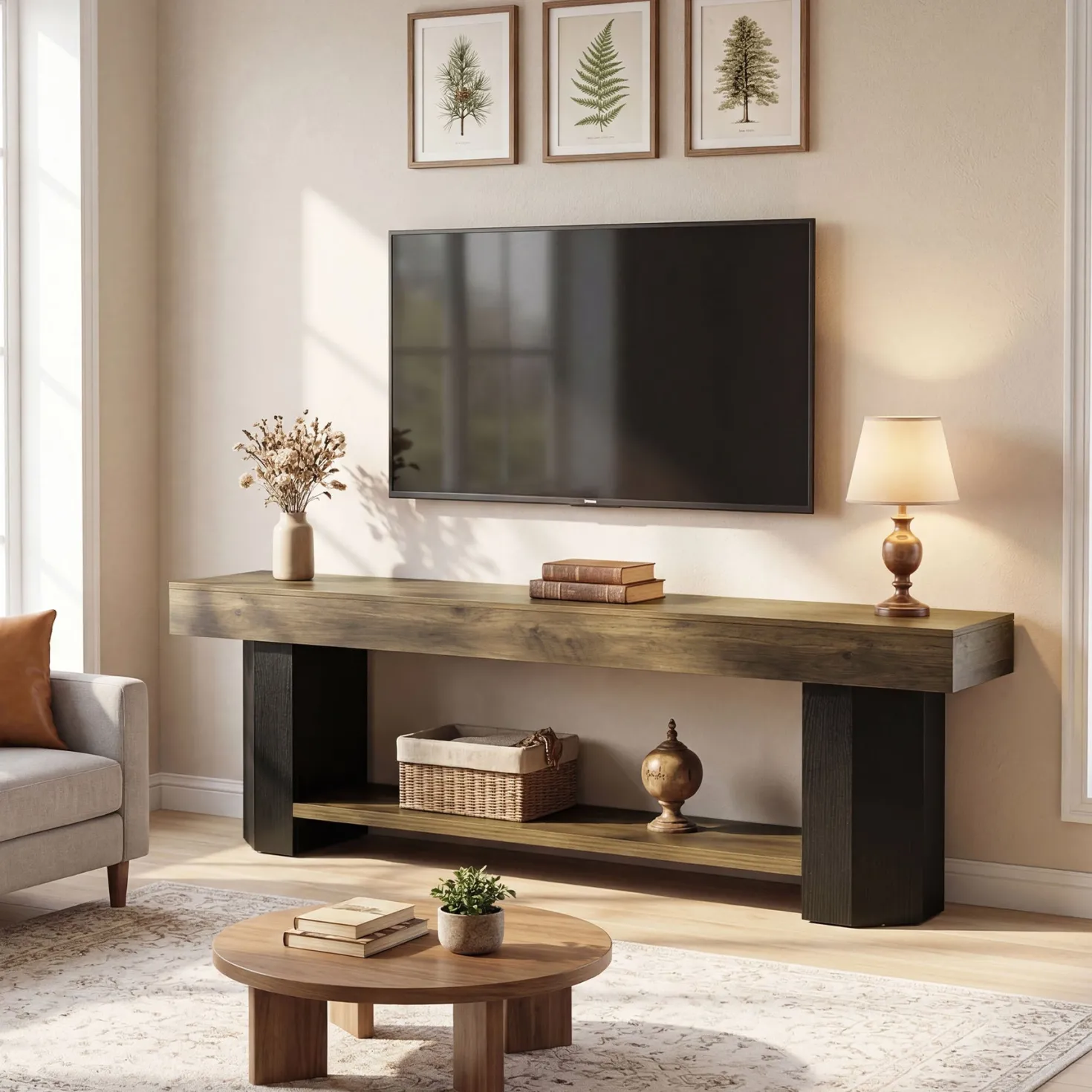 Tribesigns 63" TV Stand, Farmhouse TV Console with Shelf for Living Room
