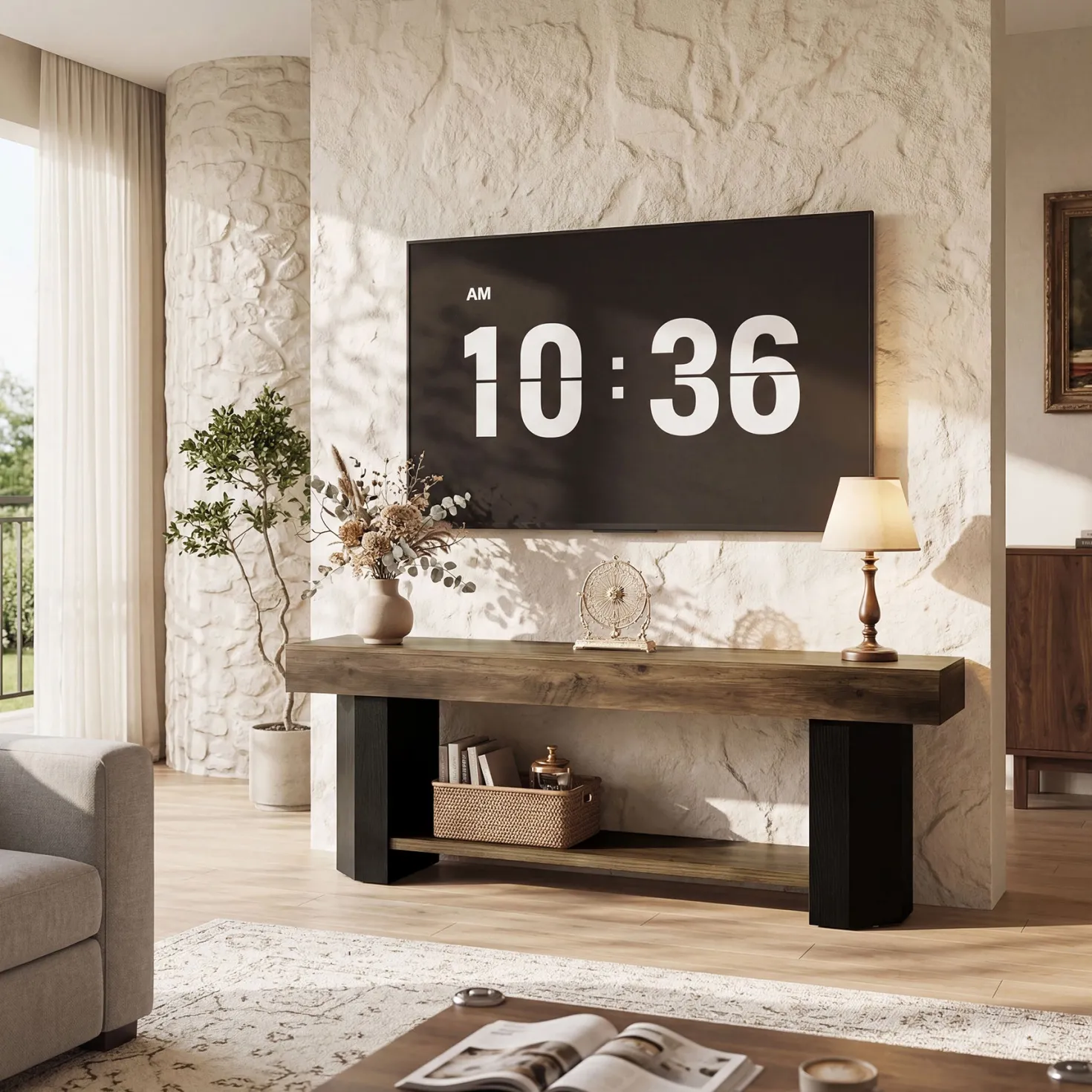 Tribesigns 63" TV Stand, Farmhouse TV Console with Shelf for Living Room
