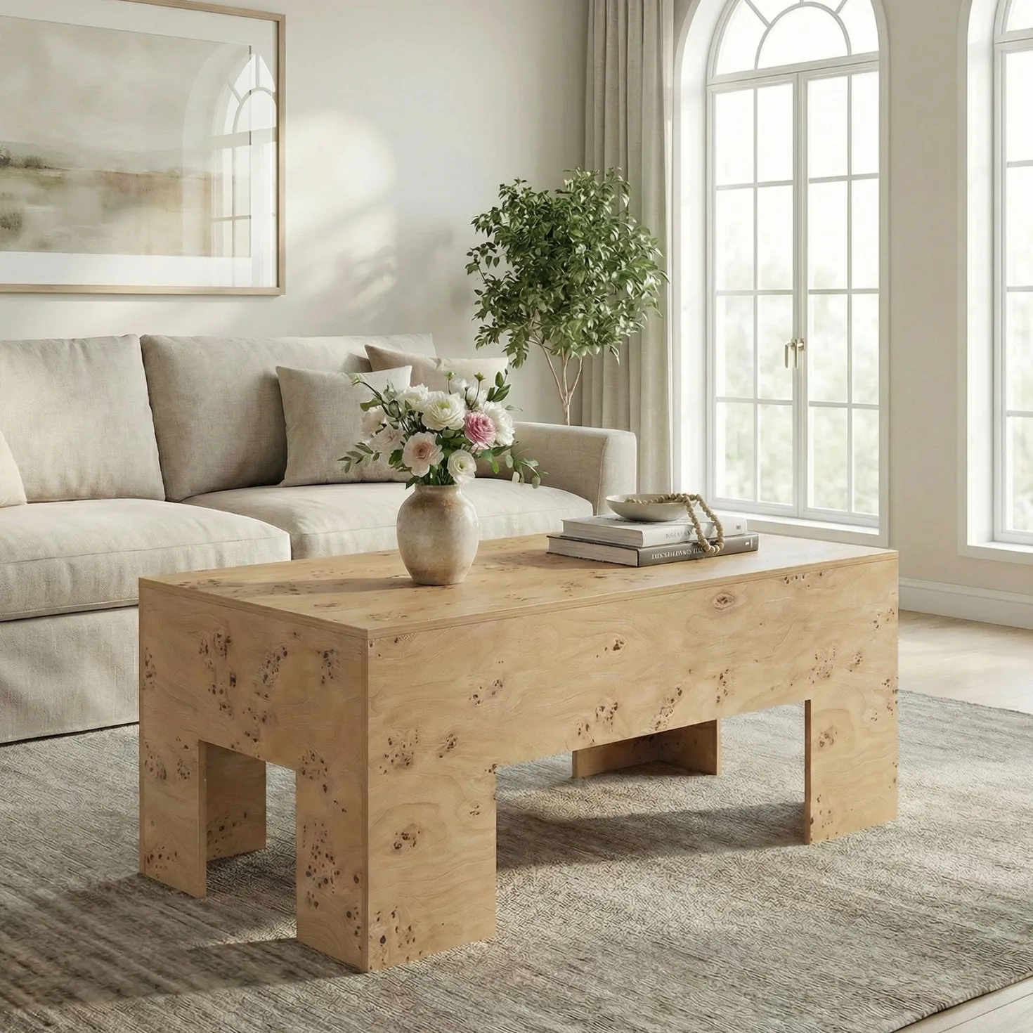 Tribesigns 55.12" Wood Coffee Table, Burl Veneer Center Table for Living Room