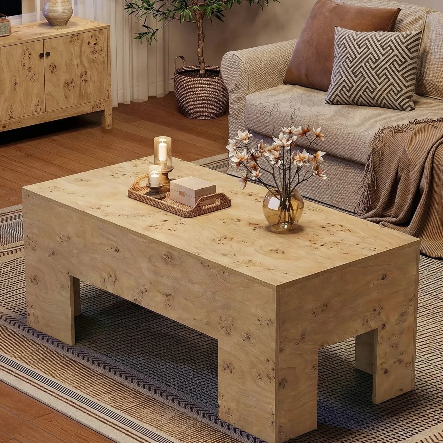 Tribesigns 55.12" Wood Coffee Table, Burl Veneer Center Table for Living Room