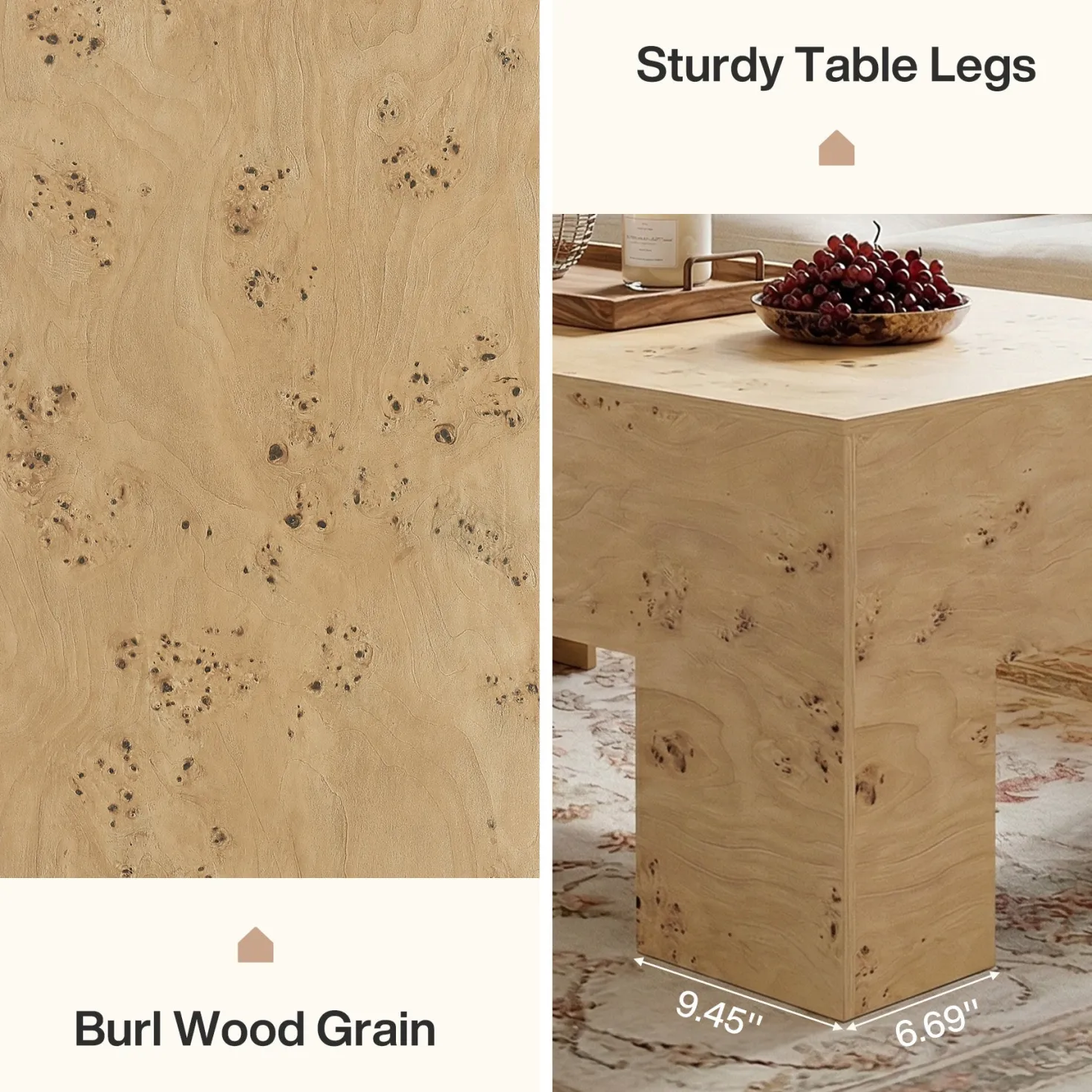 Tribesigns 55.12" Wood Coffee Table, Burl Veneer Center Table for Living Room