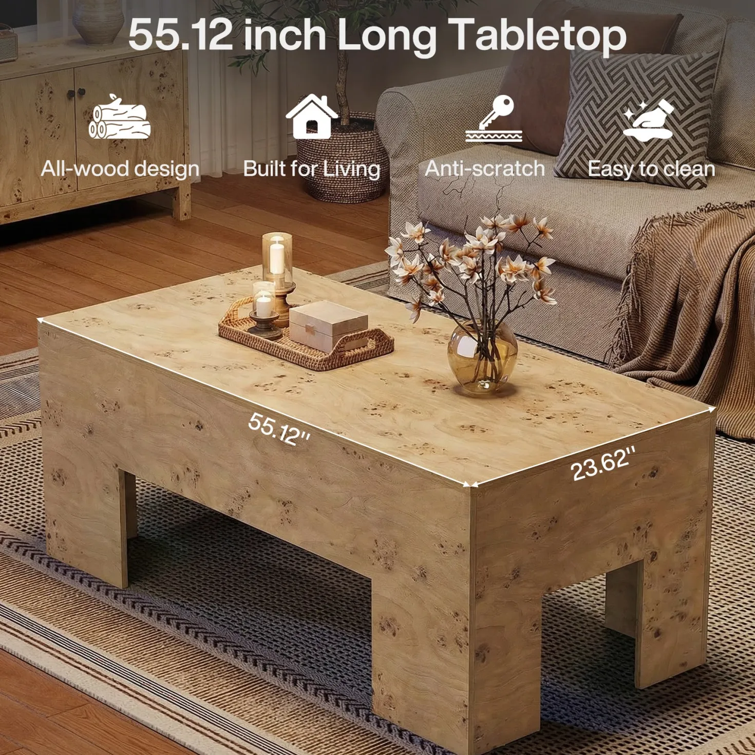 Tribesigns 55.12" Wood Coffee Table, Burl Veneer Center Table for Living Room