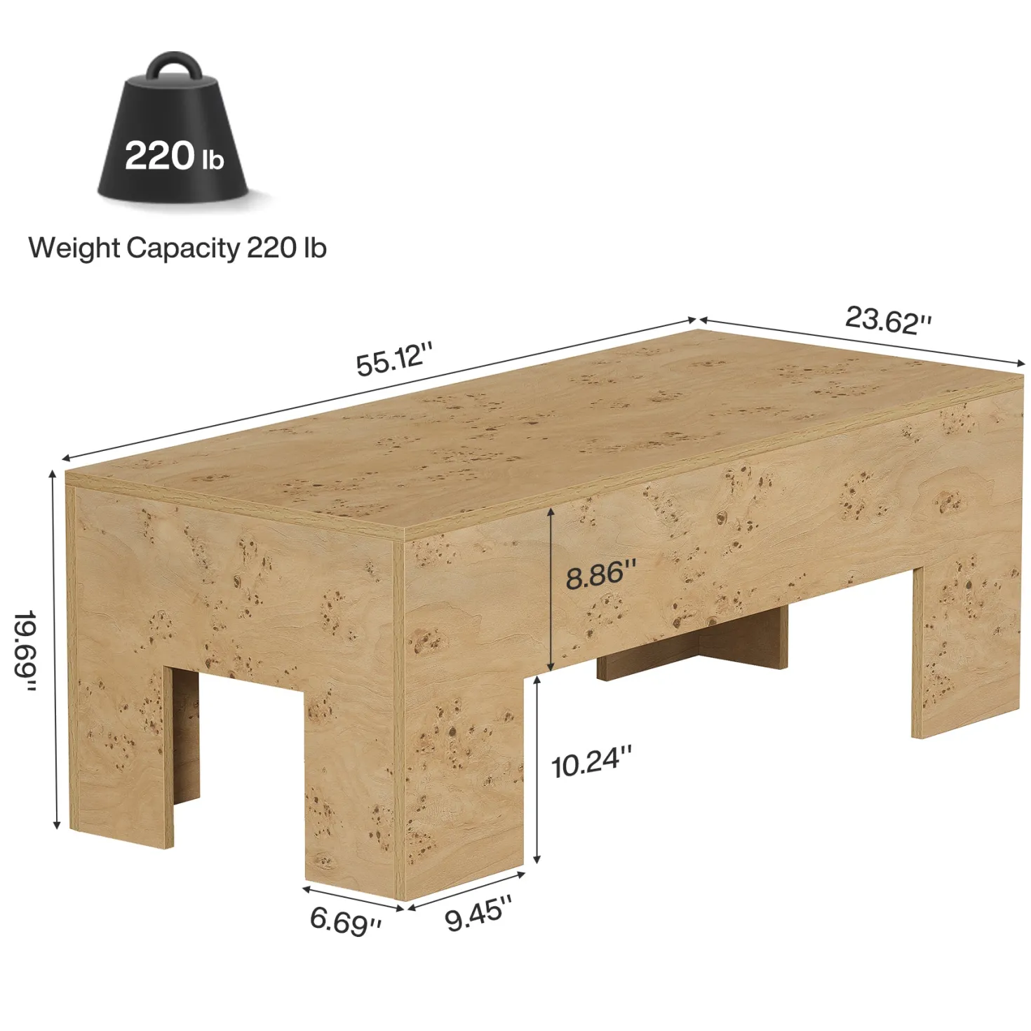 Tribesigns 55.12" Wood Coffee Table, Burl Veneer Center Table for Living Room