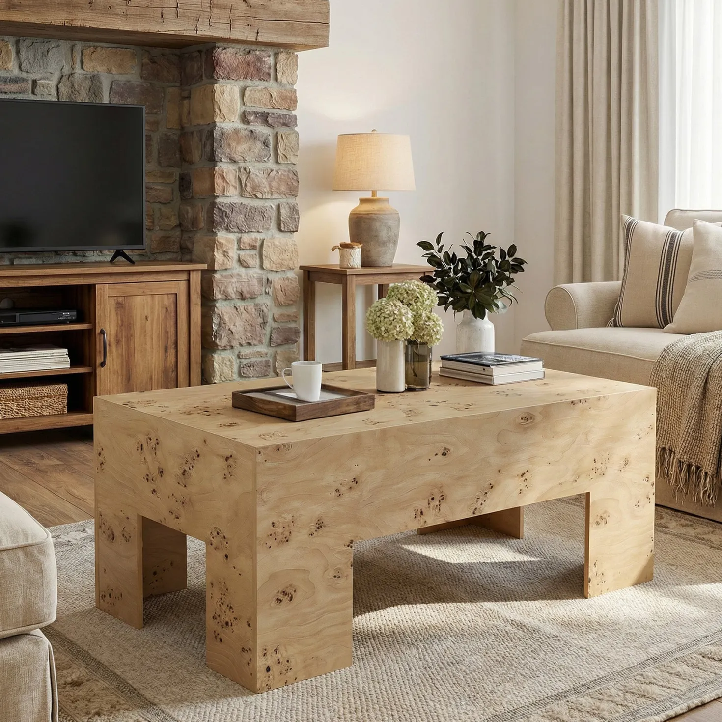 Tribesigns 55.12" Wood Coffee Table, Burl Veneer Center Table for Living Room