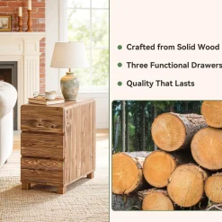 Tribesigns 3-Drawer Side Table, Solid Wood End Table for Living Room