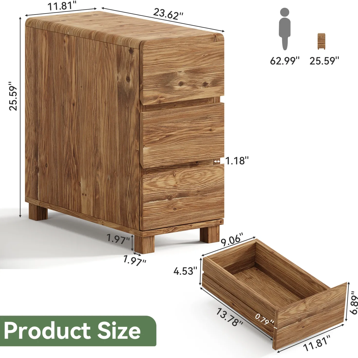 Tribesigns 3-Drawer Side Table, Solid Wood End Table for Living Room
