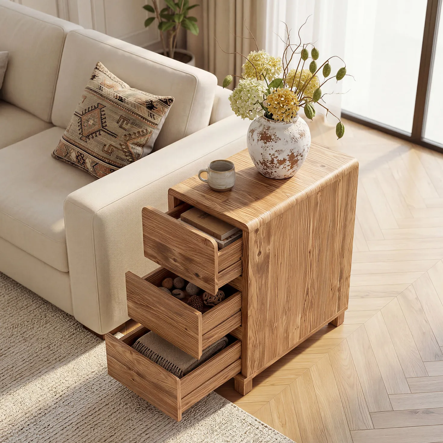 Tribesigns 3-Drawer Side Table, Solid Wood End Table for Living Room