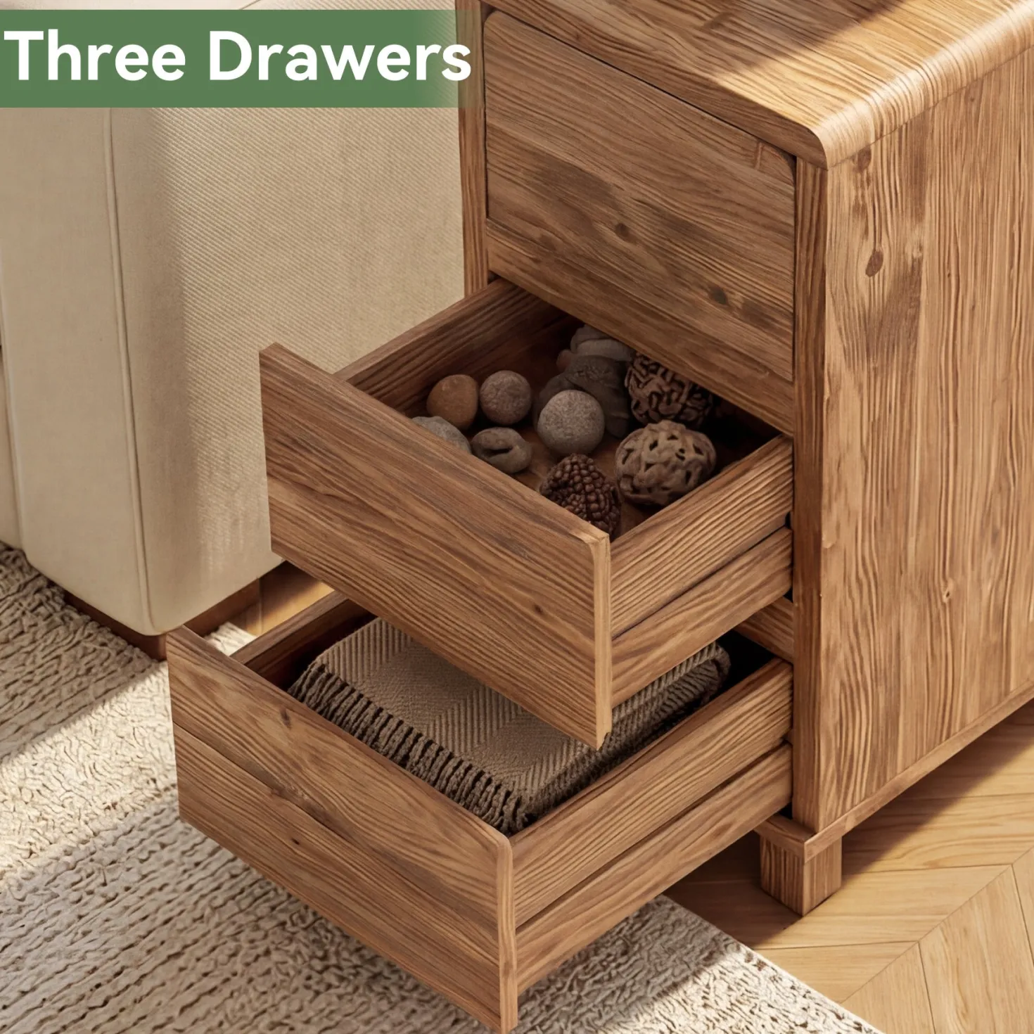 Tribesigns 3-Drawer Side Table, Solid Wood End Table for Living Room