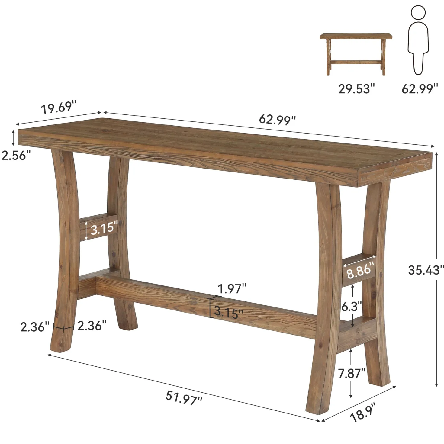 Tribesigns 63-Inch Bar Table, Solid Wood Counter Height Pub Table for Kitchen Dining Bistro (Without Chair)