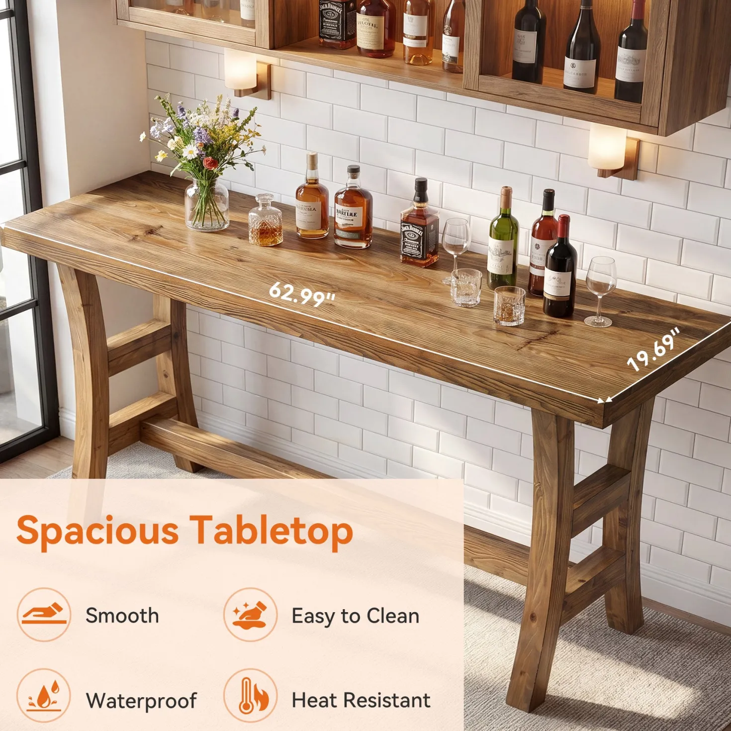 Tribesigns 63-Inch Bar Table, Solid Wood Counter Height Pub Table for Kitchen Dining Bistro (Without Chair)