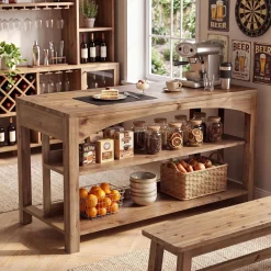 Tribesigns 59-Inch Bar Table, Farmhouse Counter Height Table with Storage Shelves for Kitchen Dining Room