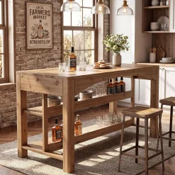 Tribesigns 59-Inch Bar Table, Farmhouse Counter Height Table with Storage Shelves for Kitchen Dining Room