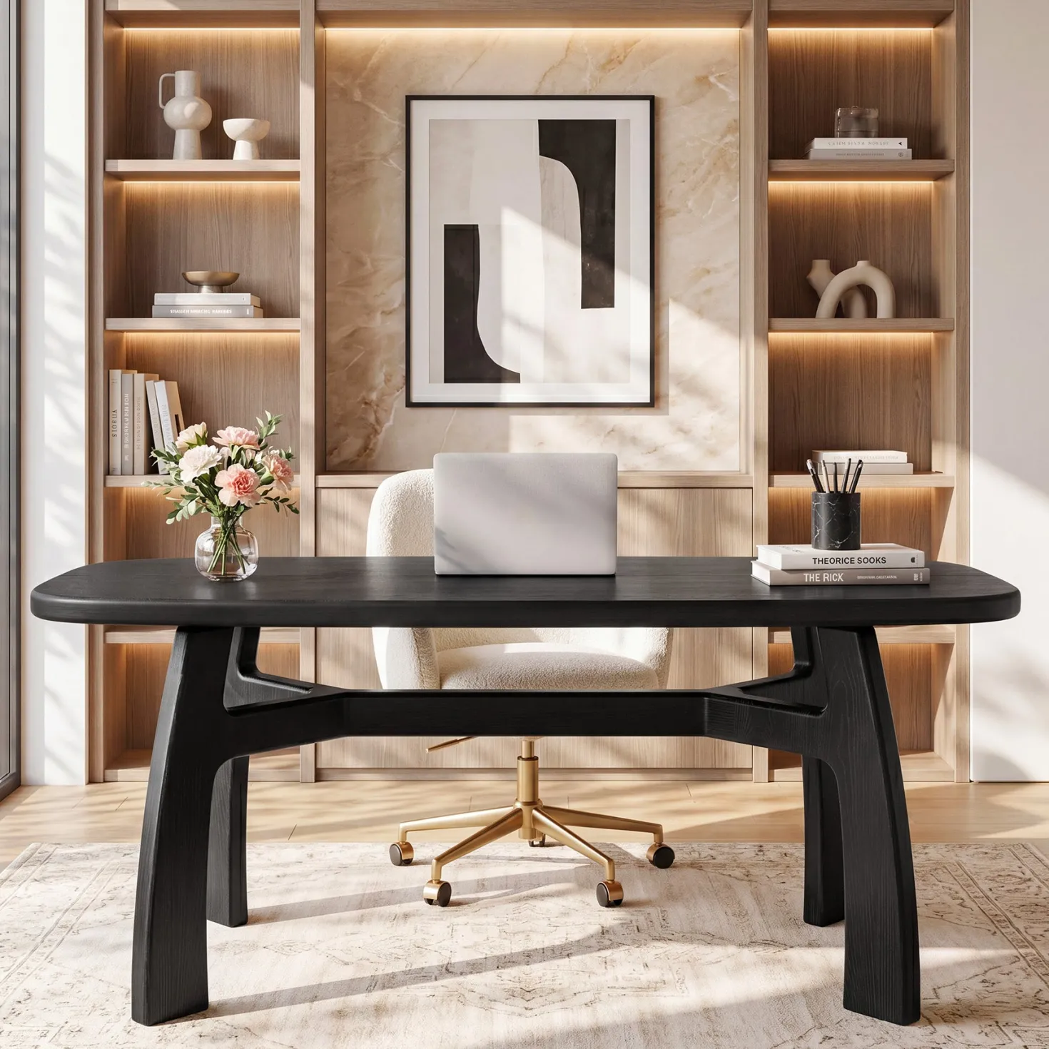 Tribesigns 63-Inch Computer Desk, Solid Wood Office Desk with Boat-Shaped Top for Home Office