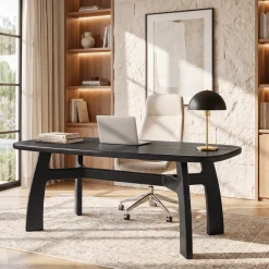 Tribesigns 63-Inch Computer Desk, Solid Wood Office Desk with Boat-Shaped Top for Home Office