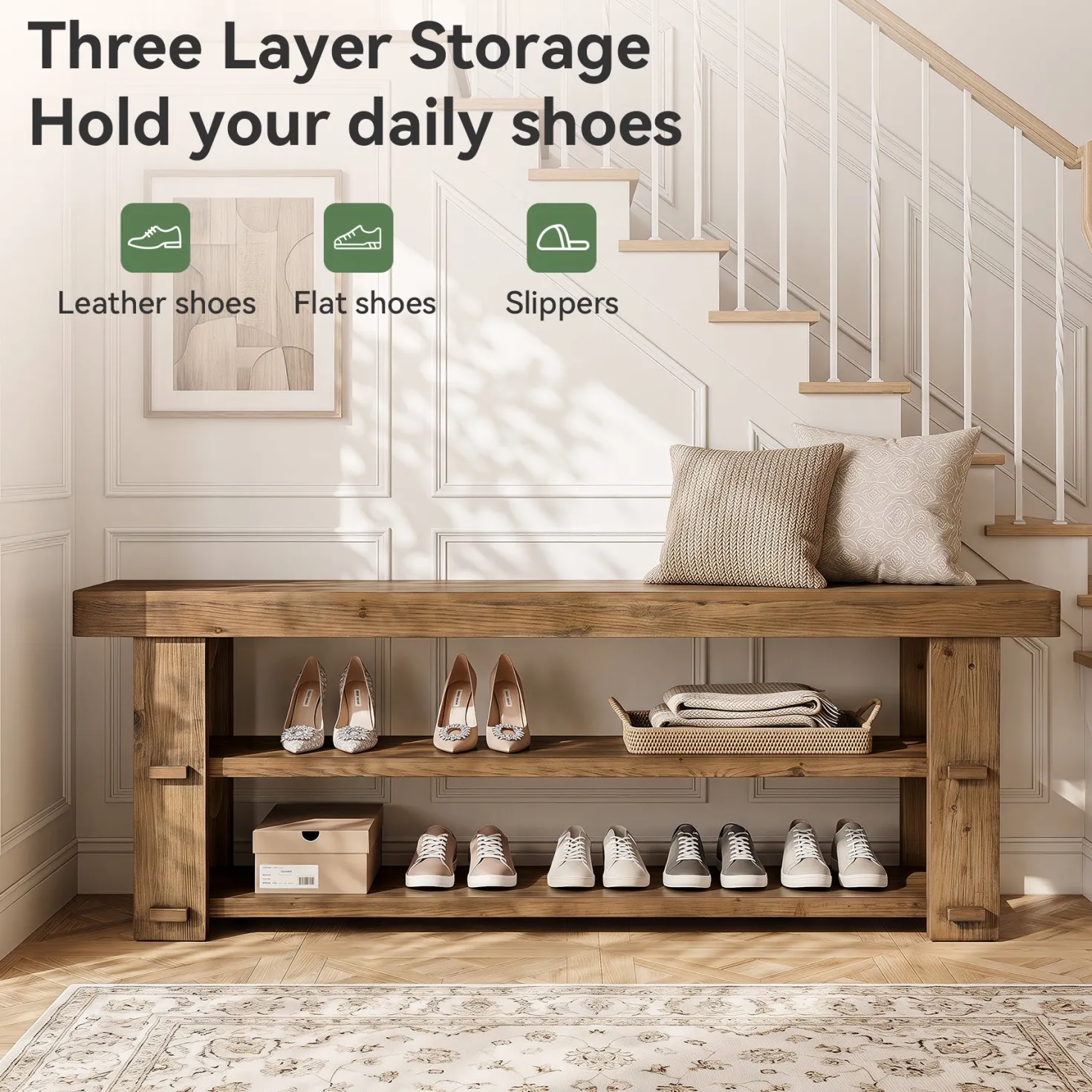 Tribesigns 55-Inch Entryway Bench, 2-Tier Shoe Storage Bench
