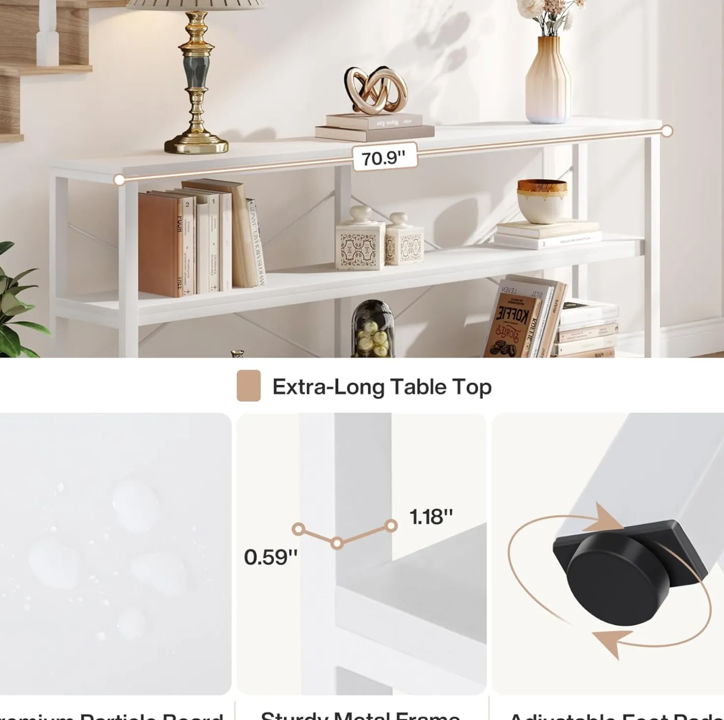 Tribesigns 70.9-Inch Extra Long Console Table, 3-Tier Industrial Sofa Table with Storage