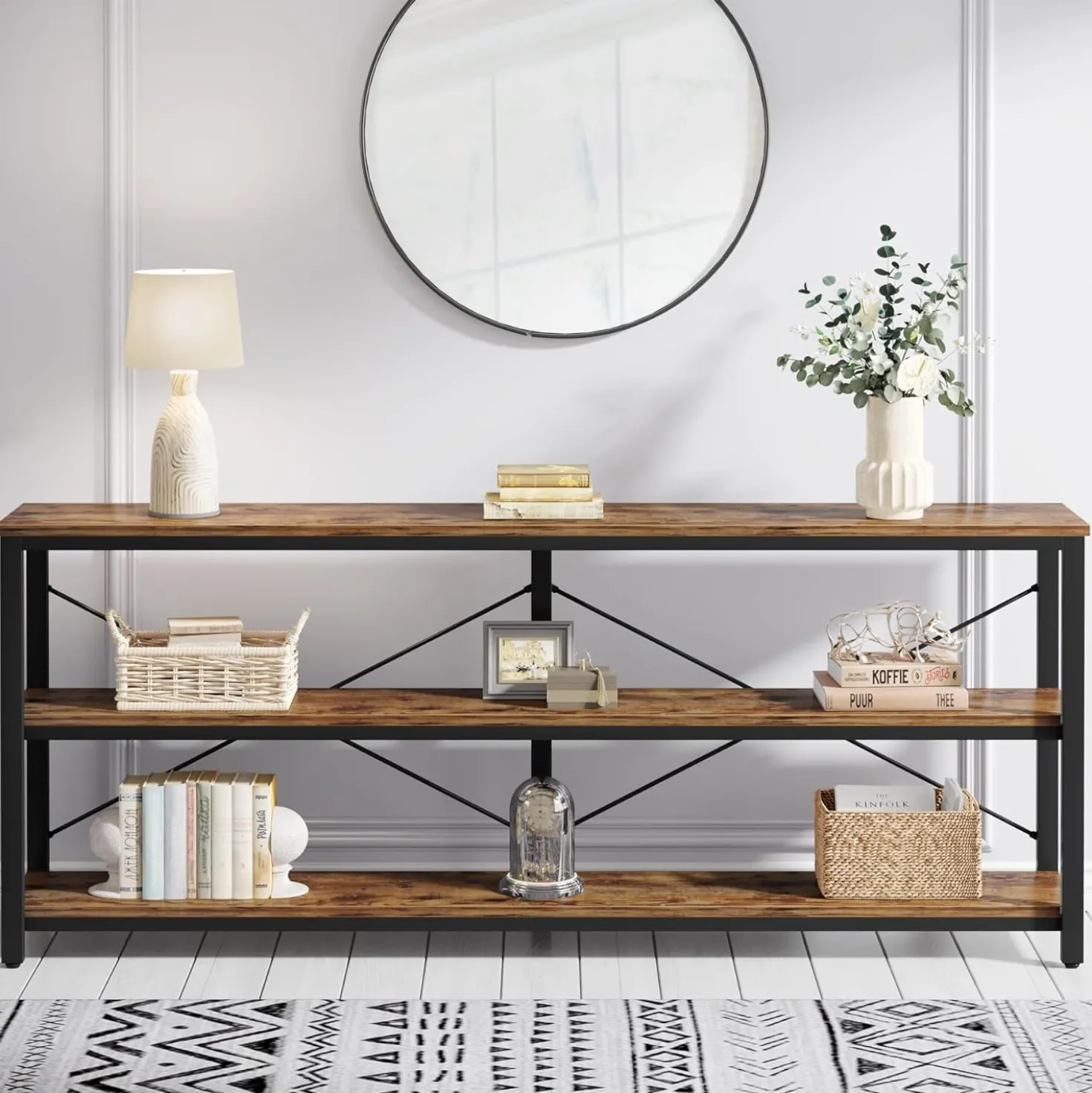 Tribesigns 70.9-Inch Extra Long Console Table, 3-Tier Industrial Sofa Table with Storage