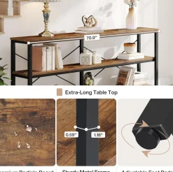 Tribesigns 70.9-Inch Extra Long Console Table, 3-Tier Industrial Sofa Table with Storage